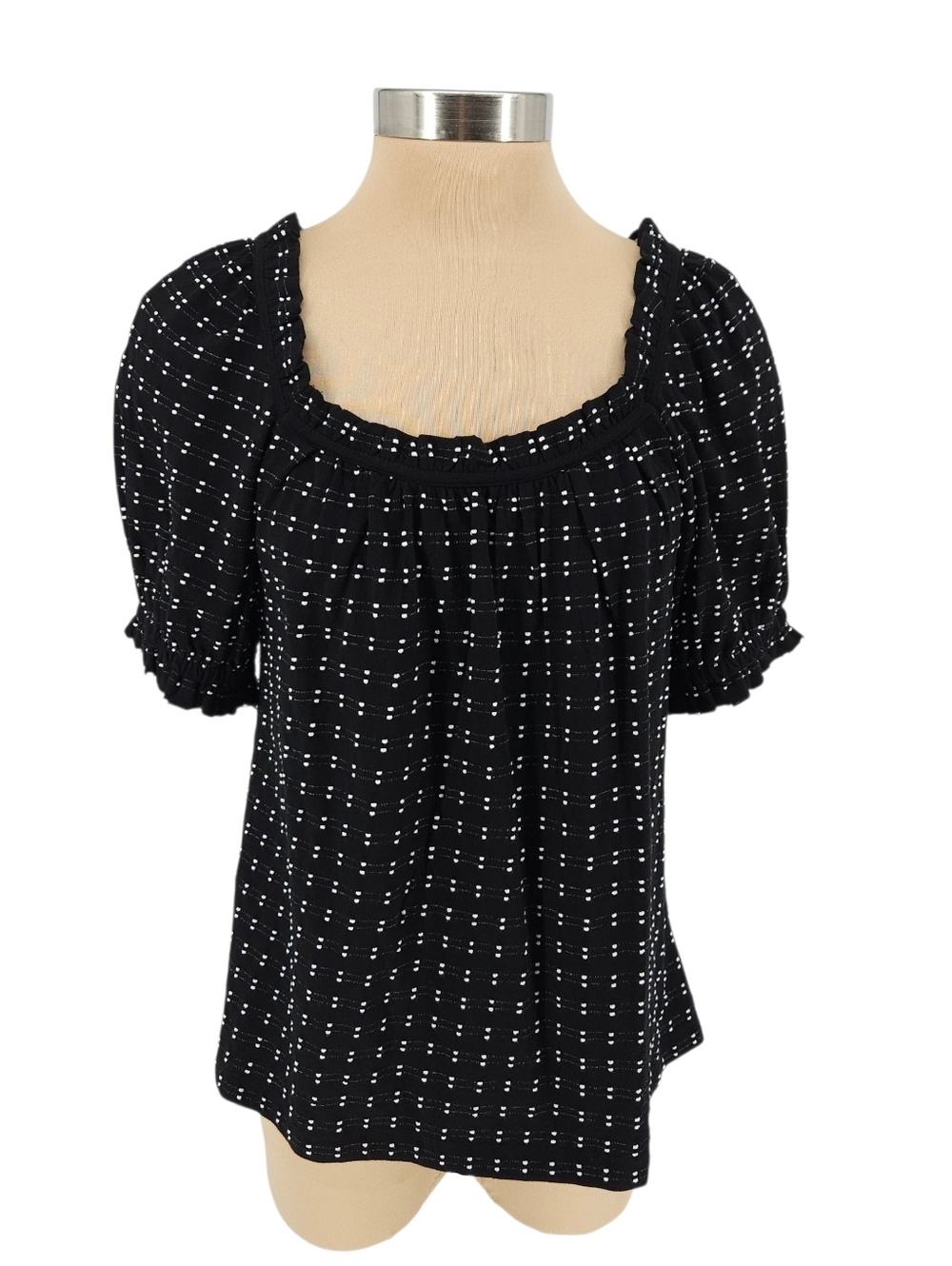 Ann Taylor LOFT Shirt Black Polka Dot Stripe Puff Short Sleeve Ruffle Top Medium